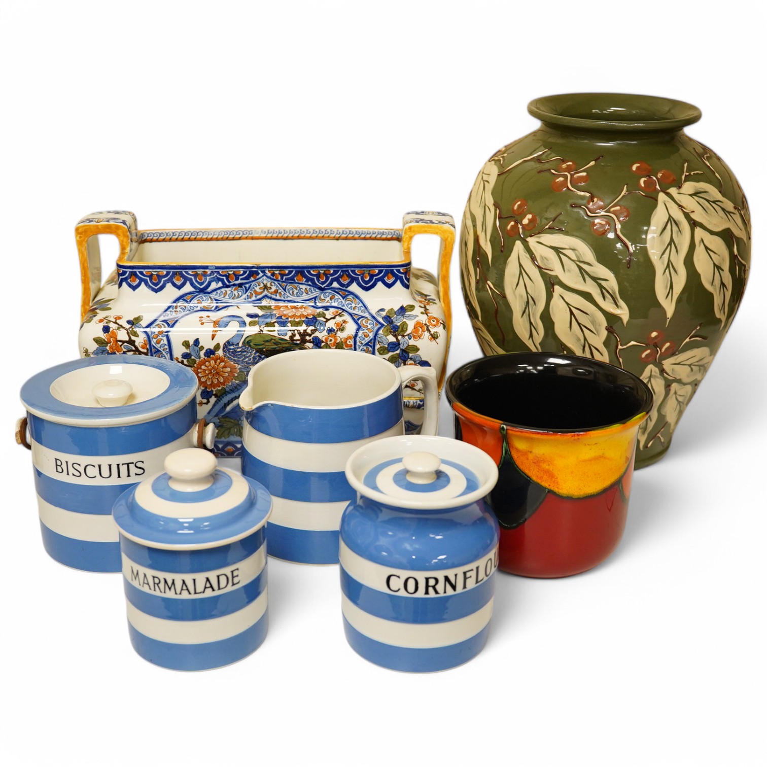 A Brannam pottery vase, Gien two-handled jardiniere and Poole pottery and four items of Cornish ware. Brannam vase 31cm high. Condition - some crazing to jug Gien jardiniere has internal glazing cracks